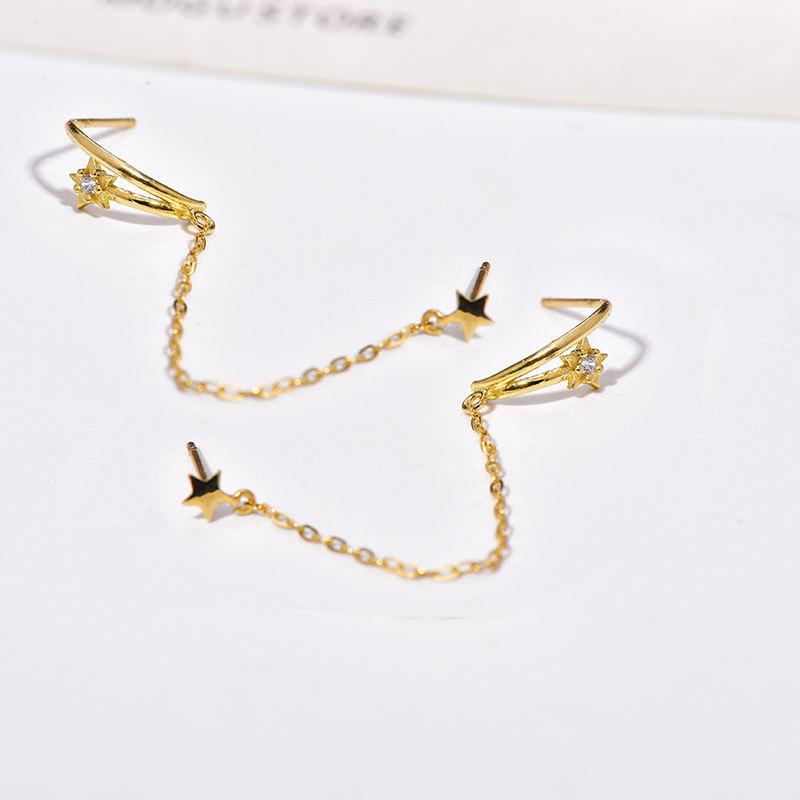 Temperament New Style Fashionable Hook Five-pointed Star Wire Double Ear Piercing Earrings Temperament Ear Chain