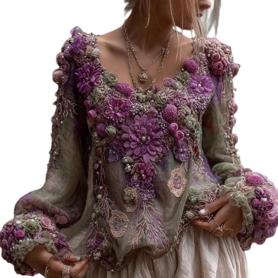 Women T-shirt V-Neck Long Sleeve 3D Flower Decor Pullover Tops with Faux Pearls Decor Spring Autumn Casual Tee Shirt
