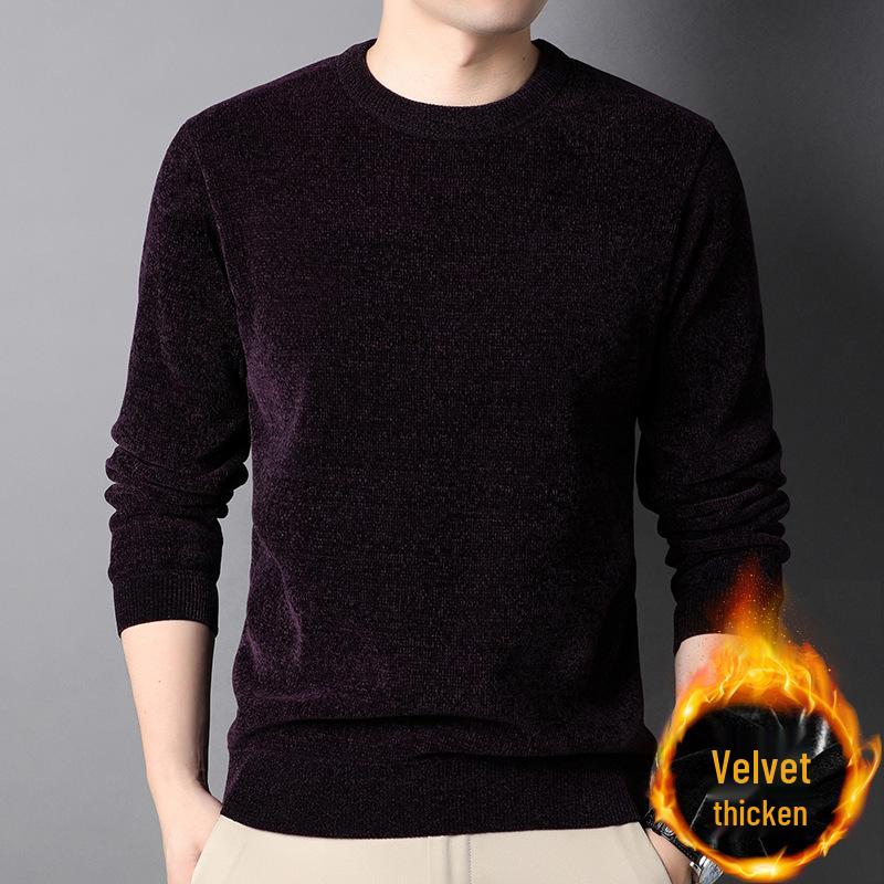 Chenille Men's Thick Knit Sweater - Round Neck, Warm Velvet, Casual Hoodie Pullover
