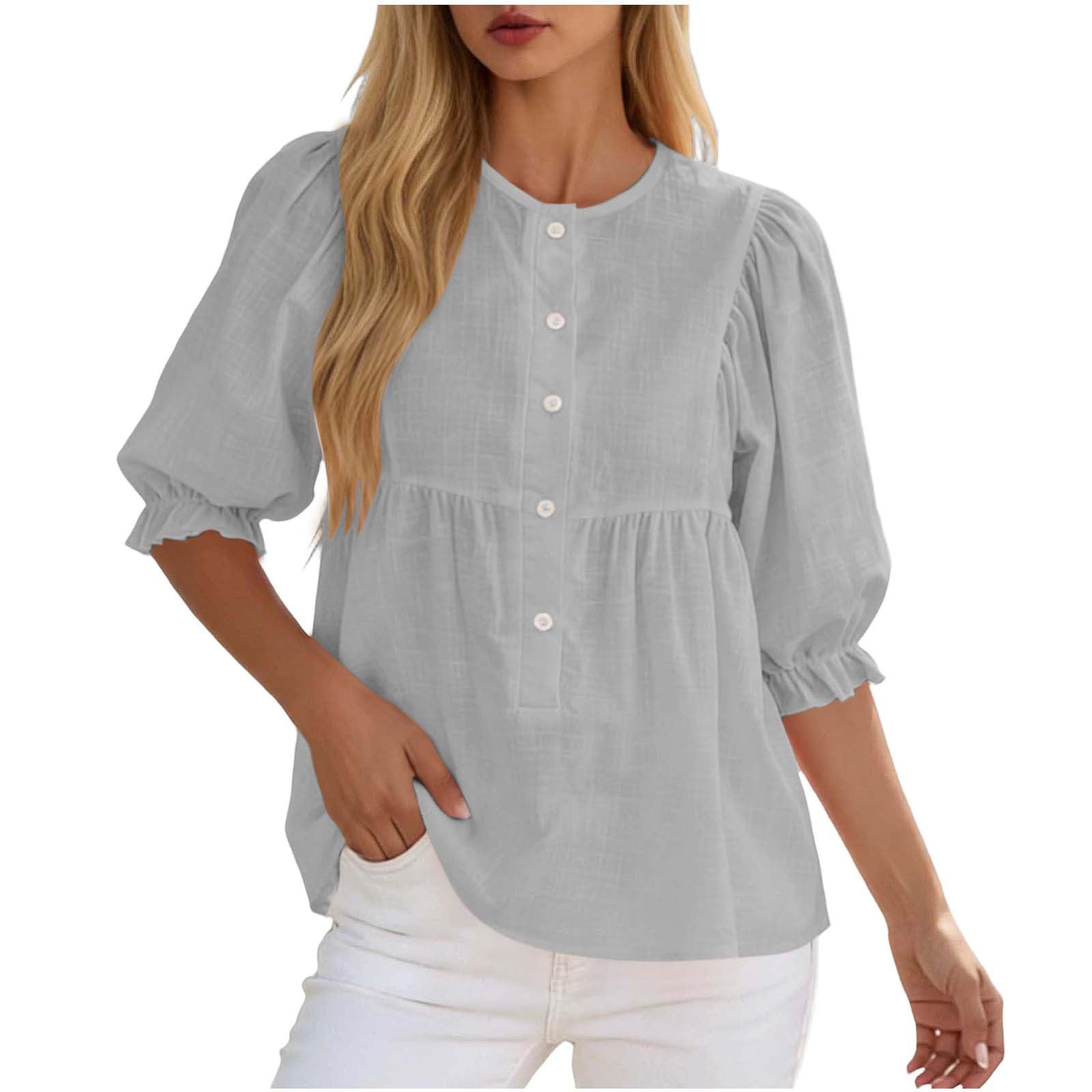 

Women’s Loose Fit Linen Blouse with Puff Sleeves Button Front Design and Round Neckline for Casual Daily Wear L