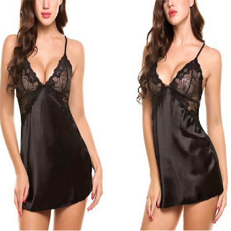 European Erotic Lingerie: Imitation Silk Cross-Strap Nightgown Set XL чёрный