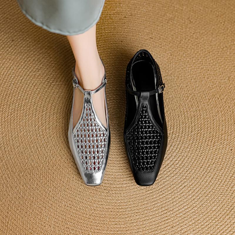 Fashion Women's New Leather Cowhide Spring Summer Hollow Breathable Woven Elastic Buckle Belt Low Heel Mary Jane Single Shoe