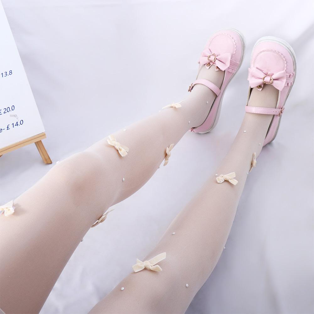 Comfortable Nylon Breathable Sweet Women Bow Tights Ultra-thin Pantyhose Pearl Female Stockings