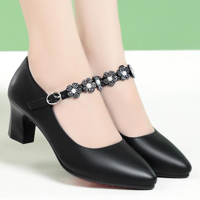 Women Pumps Flower Mary Jane shallow mouth Shoes Dress One-line Buckle Pointed Toe Medium Elegant Heels Soft Leather Shoes