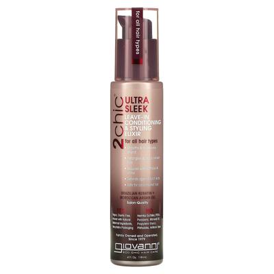 2chic, ultra-slick Leave-in Conditioning & Styling Elixir, pentru toate tipurile de păr, cheratina braziliană + ulei de argan marocan, 4 fl oz (118 ml)