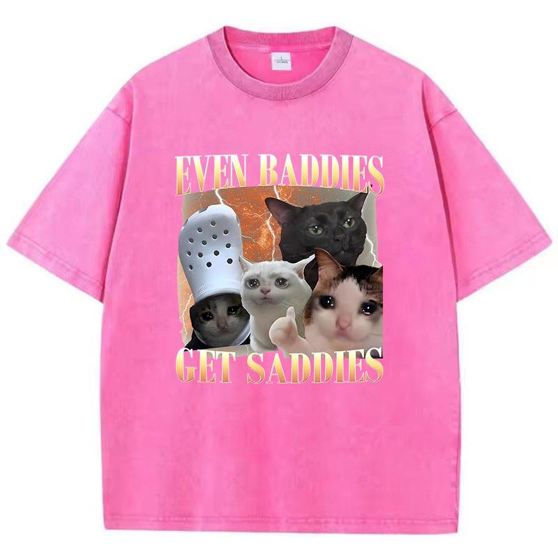 T-shirt Cotone Lavato Vintage Anche le Cattive si Tristano Maglietta Grafica Meme Gatto Streetwear Casual Primavera Estate