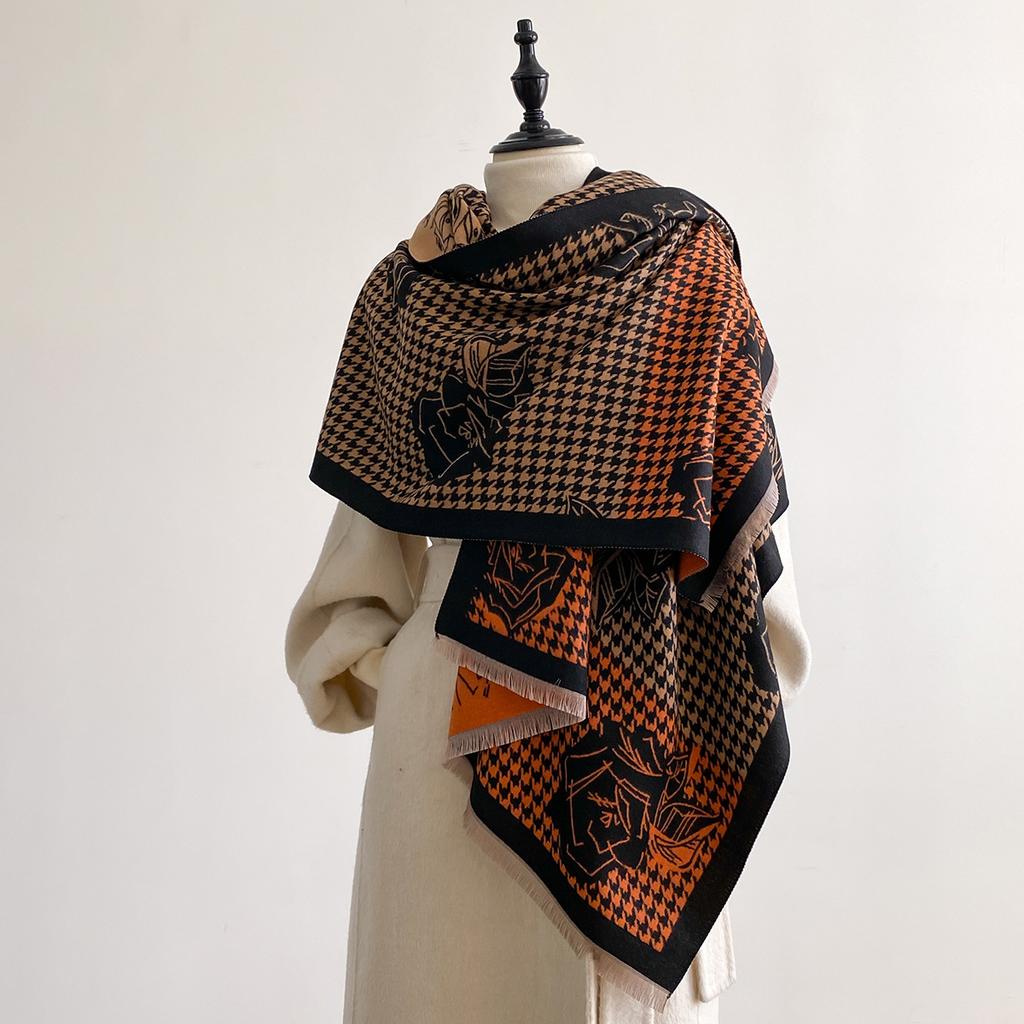 Thousand Bird Grid Splicing Roses Imitation Cashmere Thickened Warm Scarf Air-Conditioned Room Elegant Versatile Shawl
