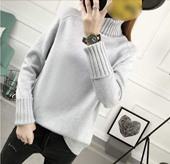 Qian Qian Knit High Loose Pullover Bottle Solid Long Loose Beautiful Women's Sweater, Neck, Turtleneck, Fit, Top, Slimming, Neck, Color, Sleeves,