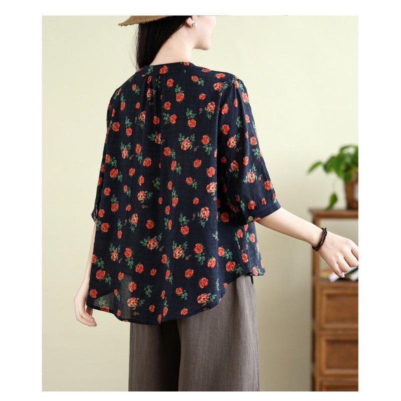 Korean Version Mid Sleeve Shirt Women's Shirt Women's Loose Five Quarter Sleeve Top Women's Summer Cotton and Linen Shirt Top