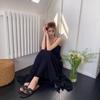 Spicy Girl Solid Color High-Waisted Spaghetti Strap Off-Shoulder Knee-Length Slimming Summer Dress