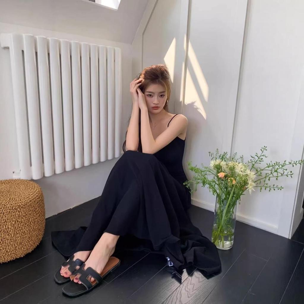 Spicy Girl Solid Color High-Waisted Spaghetti Strap Off-Shoulder Knee-Length Slimming Summer Dress