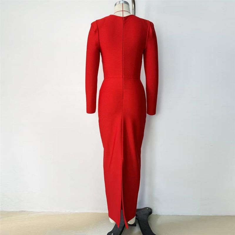 New Bandage Dress Elegant Square Neck Long Sleeve Diamond Long Hip Wrap Party Banquet Evening Dress Fashion