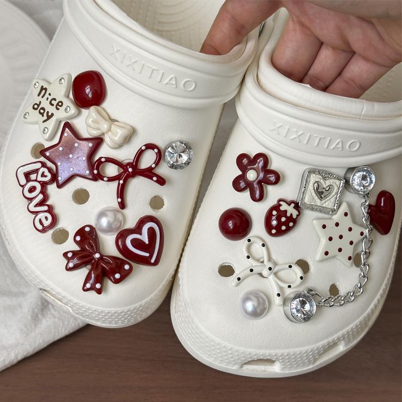 Sweet Pink Bow Pearl Flower Shoe Charms Delicate Removable DIY Shoe Ornaments for Women Clog Sandals Detachable Accessories 1Set