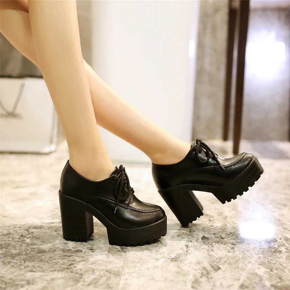 Designers New Spring Autumn Women Black High top Heels Lacing Platform Pumps Chunky Heel Leather White Red Brown