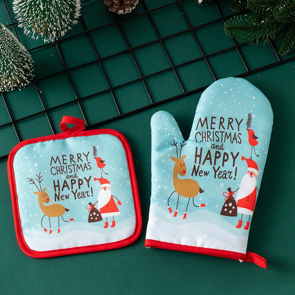 Thickened Oven Gloves Kitchen Cooking Baking Anti-Scalding Microwave Oven Gloves Heat Proof Protected Xmas Pattern Mittens