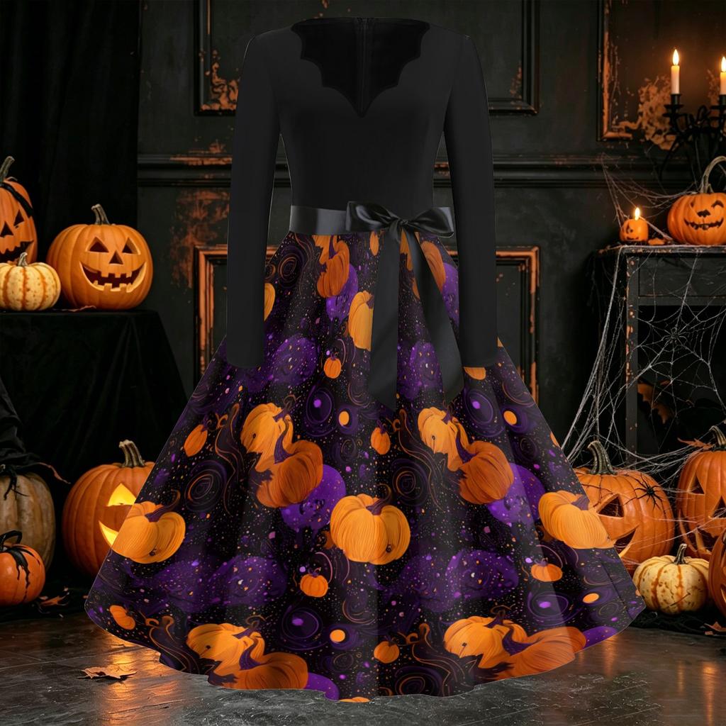Damen Freizeitkleid mit langen Ärmeln und V-Ausschnitt, Vintage-Stil, mit Halloween-Kürbisdruck, Retro-Stil, Vollrockkleid mit Taillengürtel für saisonale Kleidung
