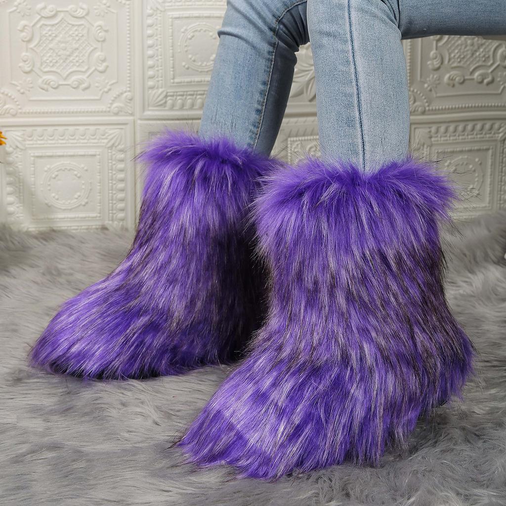 New Winter Fur Onepiece Raccoon Fur Female Snow Boots Fur Shoes Outdoor Mid Leg Boots