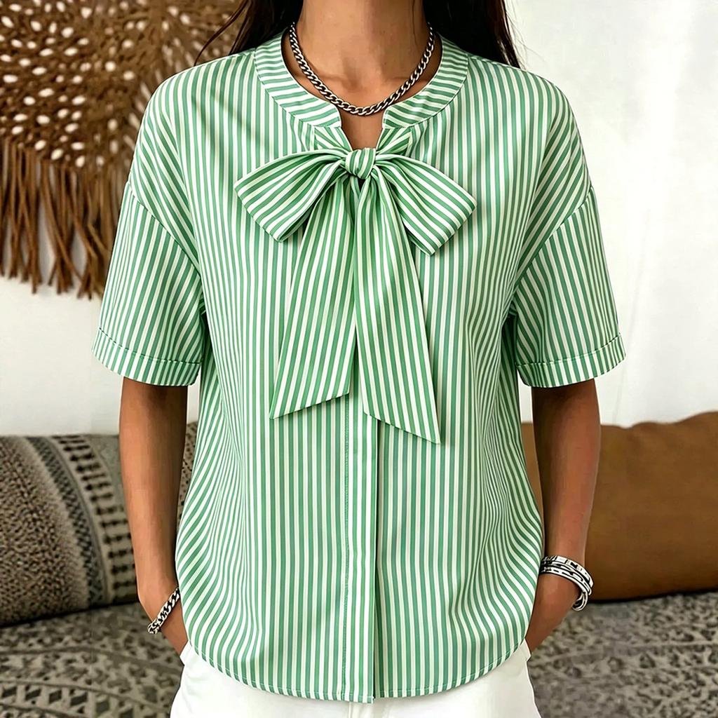 Women Loose Fit Striped Short Sleeve Blouse with Bow Tie Front Casual Relaxed Fit Top for Everyday Wear Office Work