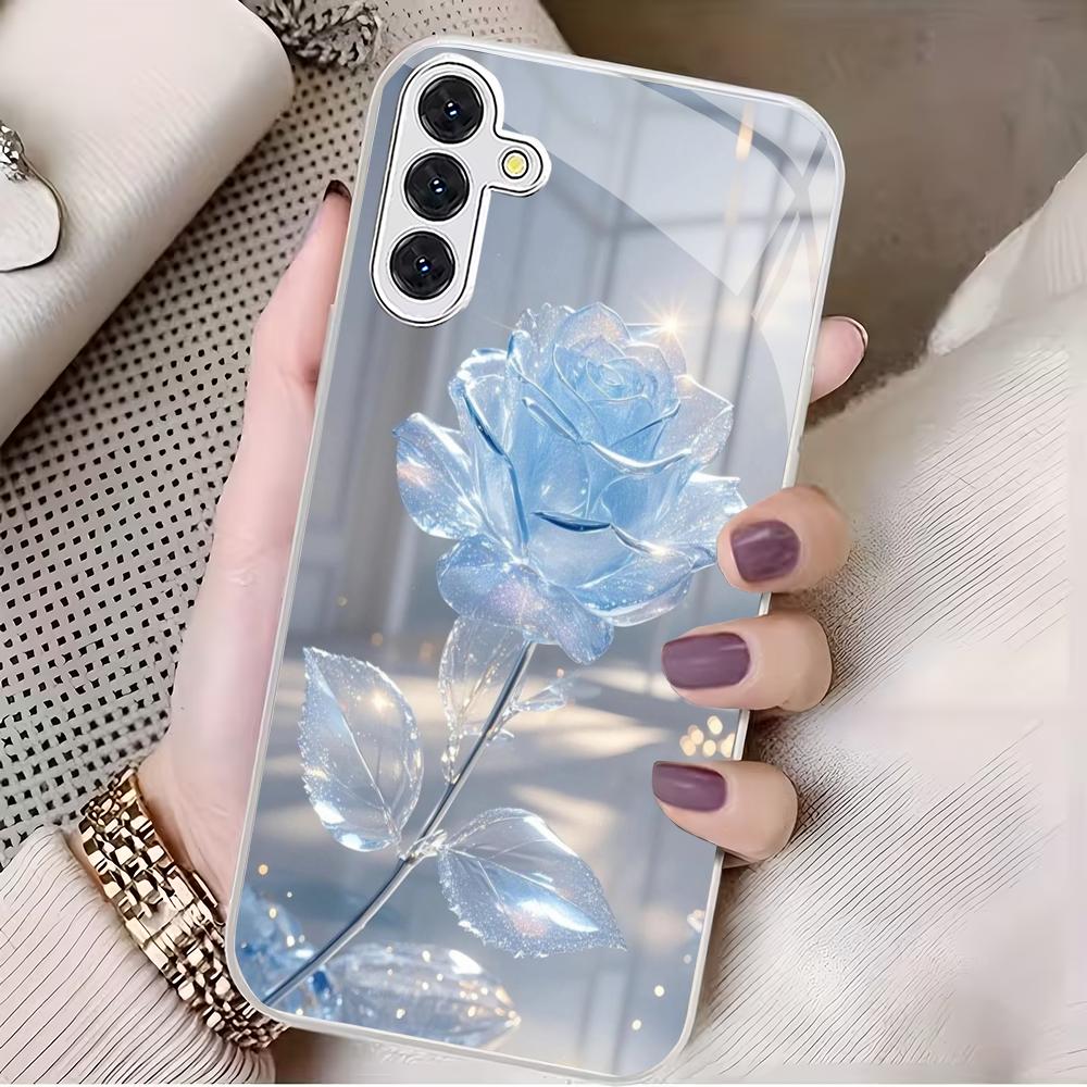 Crystal Flower Silver Plated Glass Phone Case Suitable for Samsung Galaxy S26 S25 S24 S22 S21 S20FE/Ultra/Plus Scratch Resistant