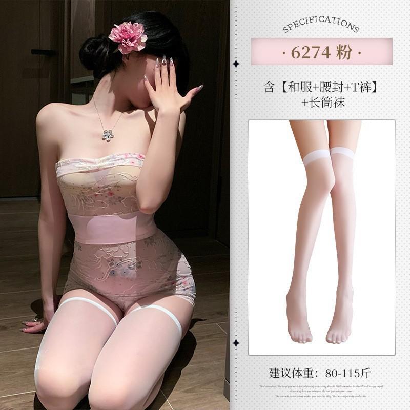 Duofu + Tube Top Embroidery Print Perspective Japanese Kimono Set, Erotic Underwear, Sexy Hip Wrap Uniform