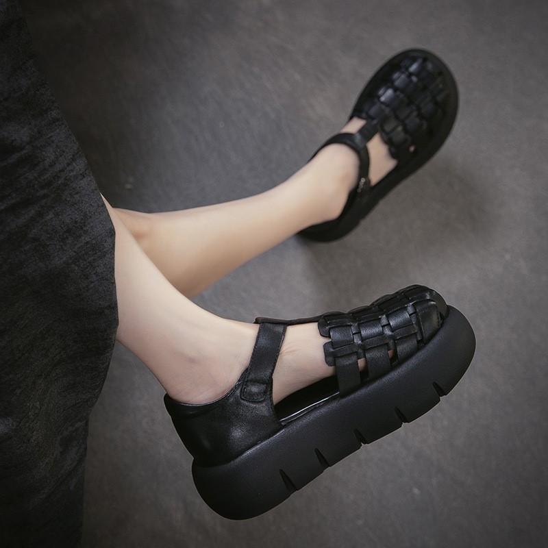 Johnature Genuine Leather Retro Handmade Woven Thick Soled Sandals Versatile Women's Platform Shoes
