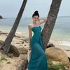Sexy Retro Blue Sleeveless Tube Top Dress Seaside Vacation Temperament Waist Hip Beach Dress