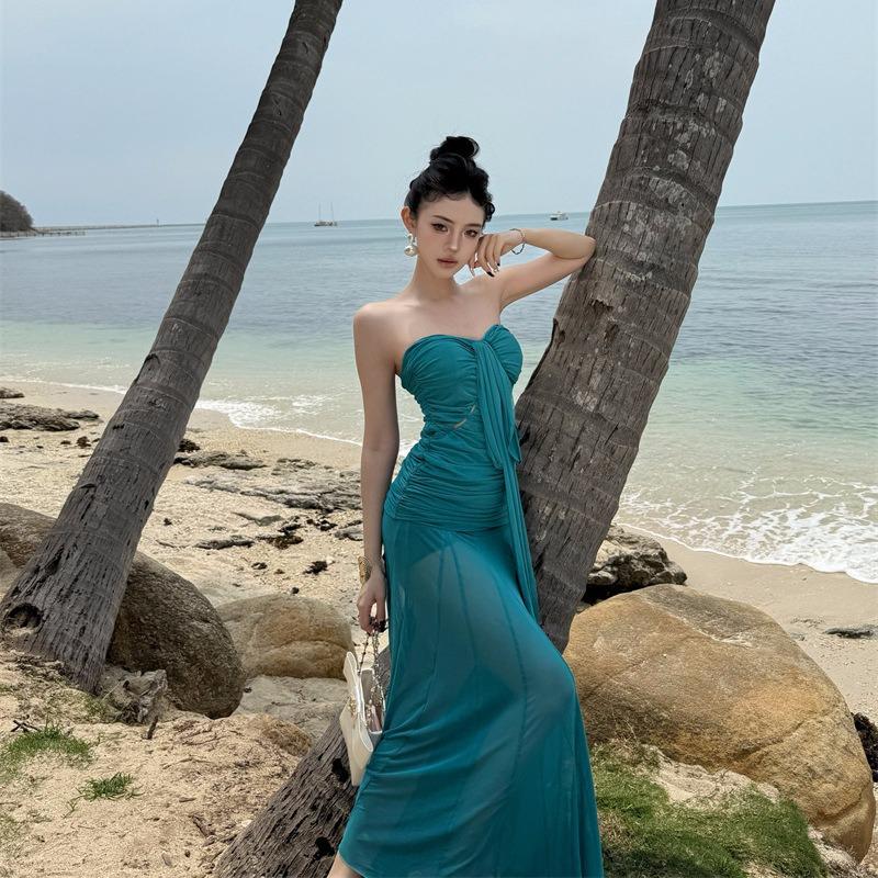Sexy Retro Blue Sleeveless Tube Top Dress Seaside Vacation Temperament Waist Hip Beach Dress