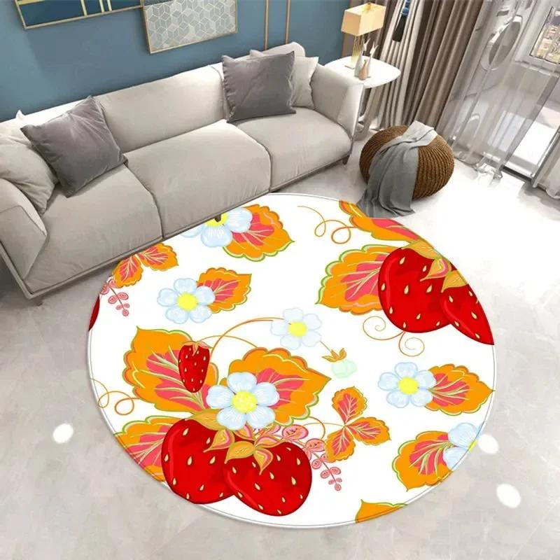 Fruit Strawberry Leaf Area Rug Round Carpet for Office Laundry Study Living Room Bedroom Circle Throw Rugs Non-Slip Floor Mat
