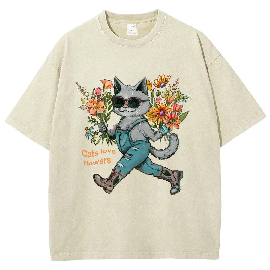 Cute Blue Cat Anthropomorphic Print Women's T-Shirt Loose Wash Oversized Short Sleeve Fashion Design Funny Style Top