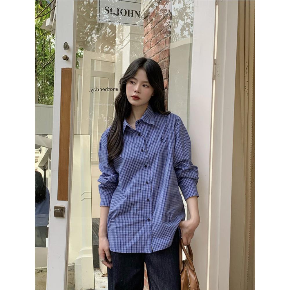 Women s Retro Blue Plaid Embroidered Long Sleeve Casual Shirt L (Premium Quality) синий