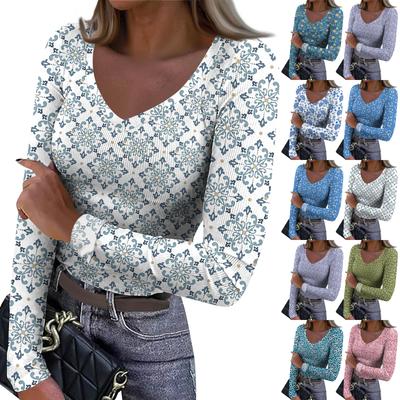 Camiseta Base de Invierno para Mujer Ajustada Estampado Moderno Cuello en V Jersey Manga Larga