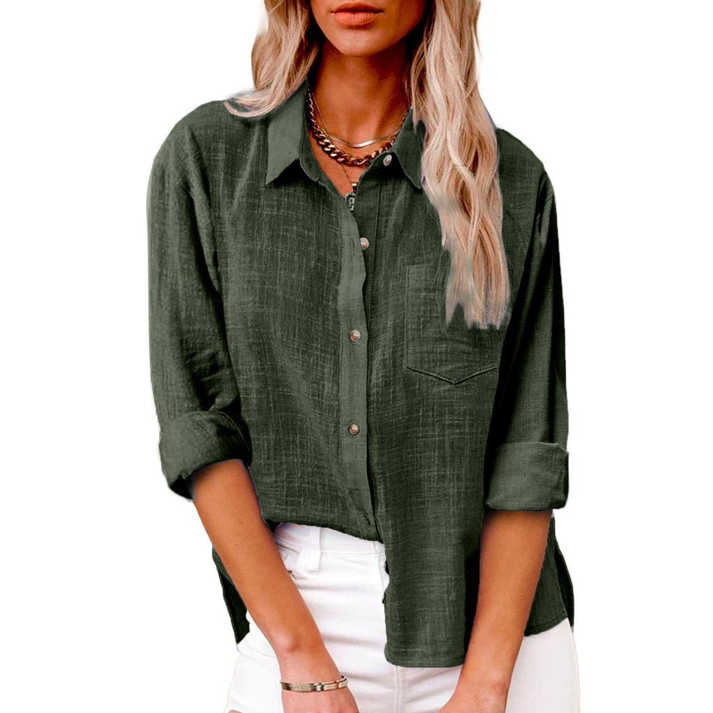 Autumn Pocket Slit Long Sleeve Women's Cotton Linen Shirt
