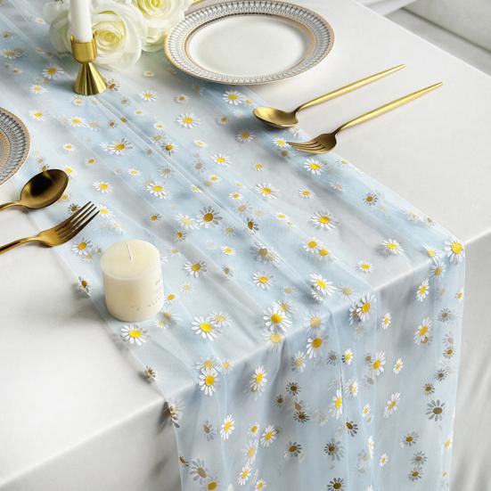 Tüll Gänseblümchen Tischläufer Frühling Blumiger Tischläufer Rustikaler Blumen Tischläufer für Hochzeit Babyparty Geburtstagsparty Bauernhaus Dekor