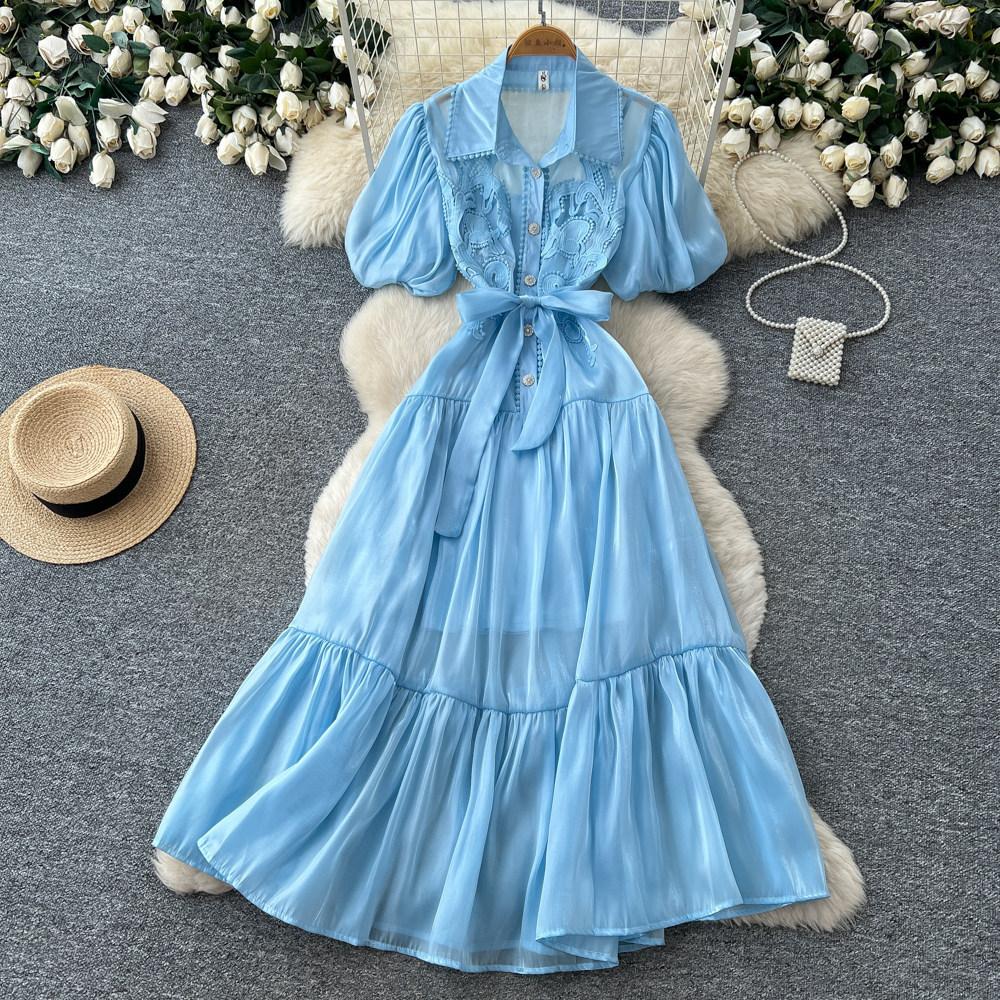 French Gentle Wind Pink Lantern Sleeve Dress Women's Summer Romantic Wind Lace-up Waist A-shaped Dress Skinny Commuter