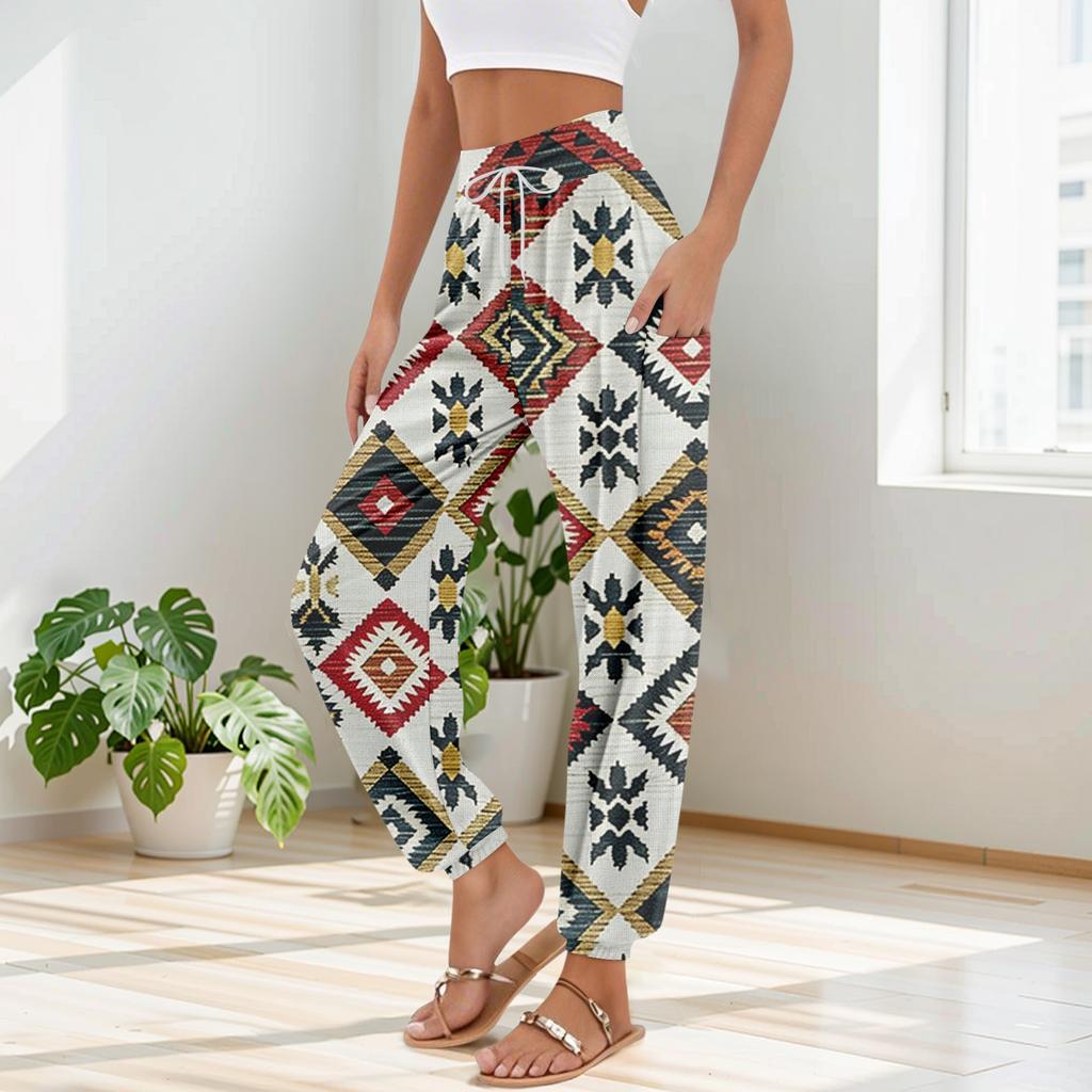 Women's Pocket Drawstring Trousers High Waist Yoga Bohemian Printed Casual Pants