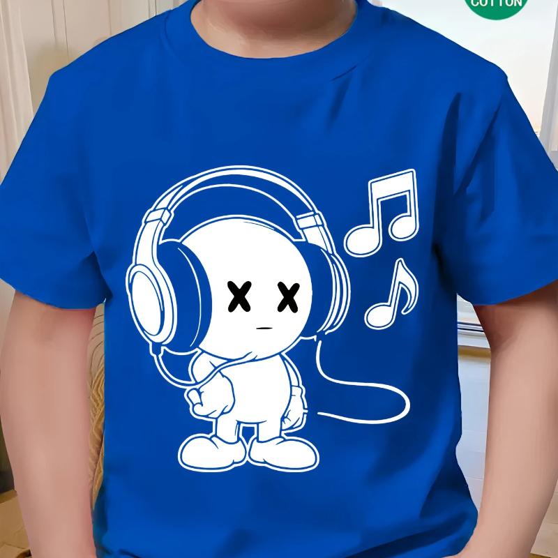 100% Cotton Fashion Boys' Short Sleeve T-Shirt with Cool and Cute Cartoon Headphone-Wearing Kid Print