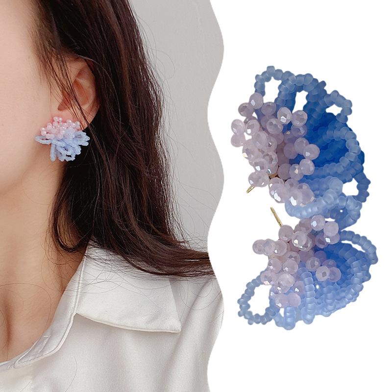 Summer Colorful Fringed Flowers Earring Temperament Elegant Personality Beaded Stud Earrings For Women Jewelry Gift