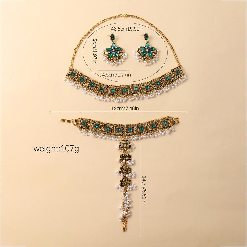 Vintage-Blumen-Quasten-Armband, Ohrringe und Halsketten-Set - böhmischer ethnischer Schmuck