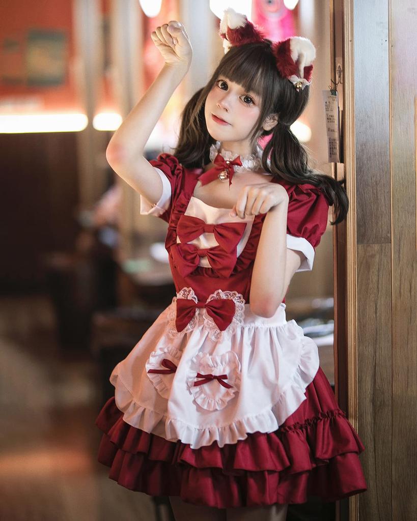 Milky Time Women's Lolita Maid Cosplay Dress, Short Sleeves, Ribbon, 4 Colors (Red)