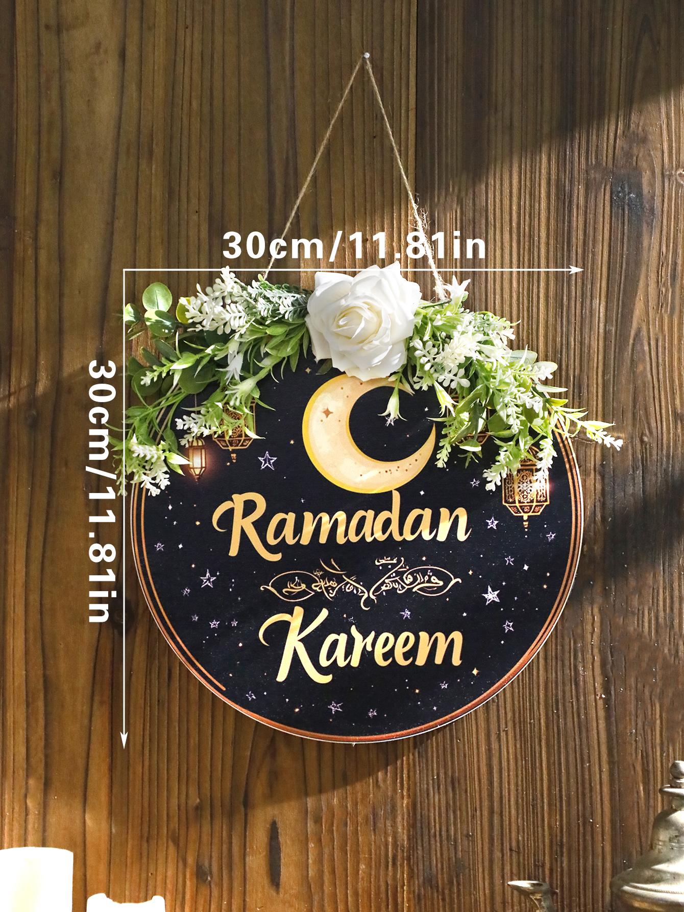 

Ramadan Kareem Hanging Door Sign Floral Decor with Moon Star Lantern Design Islamic Festive Decorations for Home & Outdoor Gift