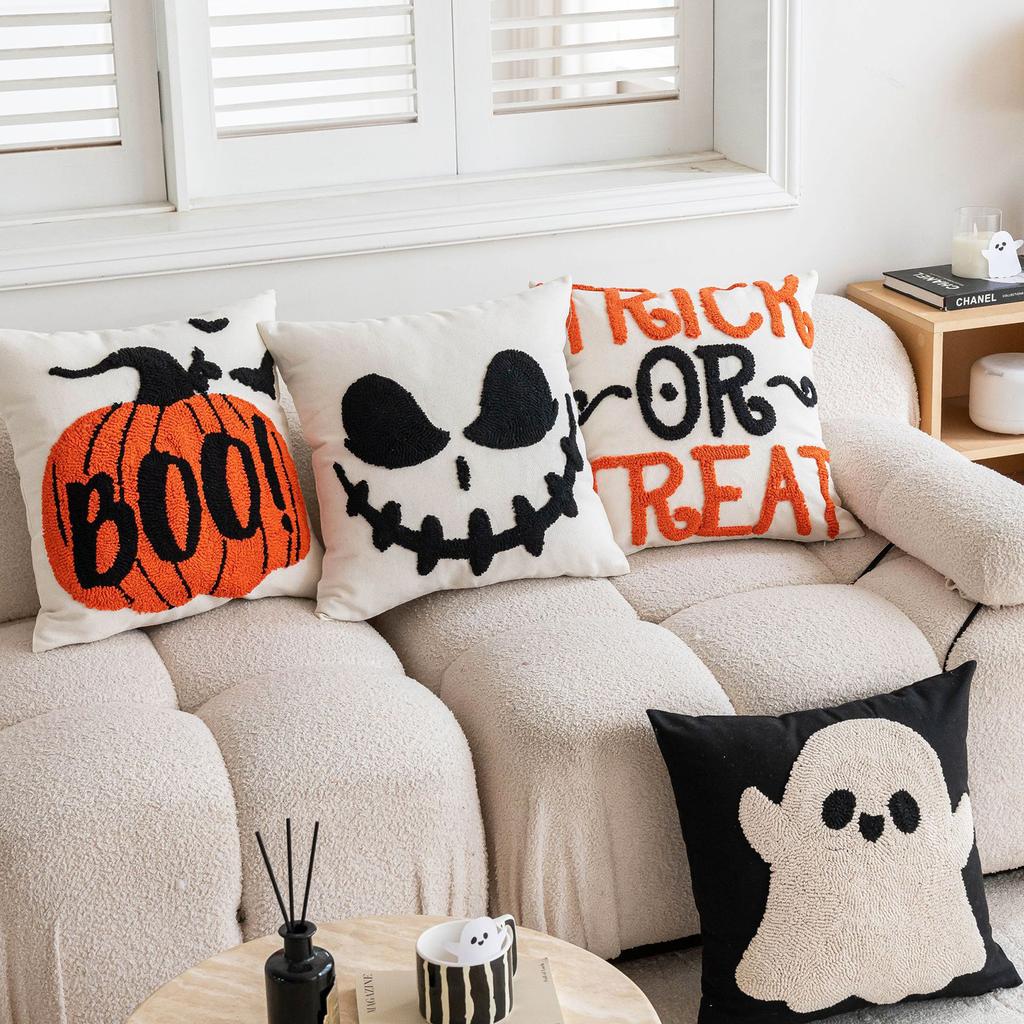 Halloween Embroidery Throw Pillowcase Orange Pumpkin Cotton Decoration Pillow Cushion Cover Sofa Car Halloween Party Supplies