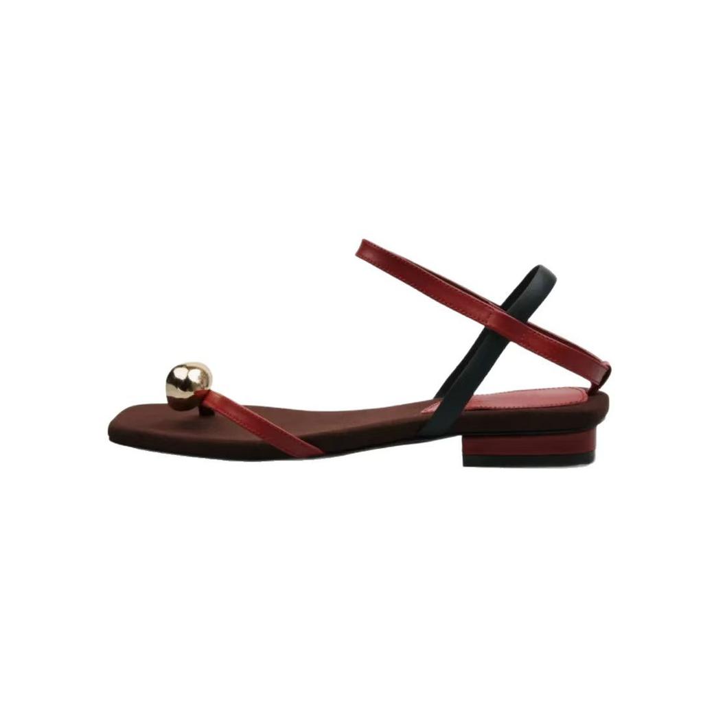 First Layer Cowhide Retro Square Head with Flat Bottom 25 Summer New Comfortable Toe Metal Full Leather Sandals Women