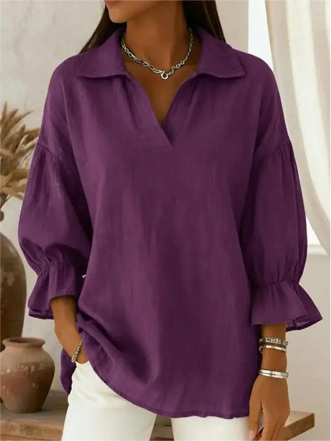 

2025 Retro Casual Linen Shirt with Polo Collar and Lantern Sleeves M фіолетовий
