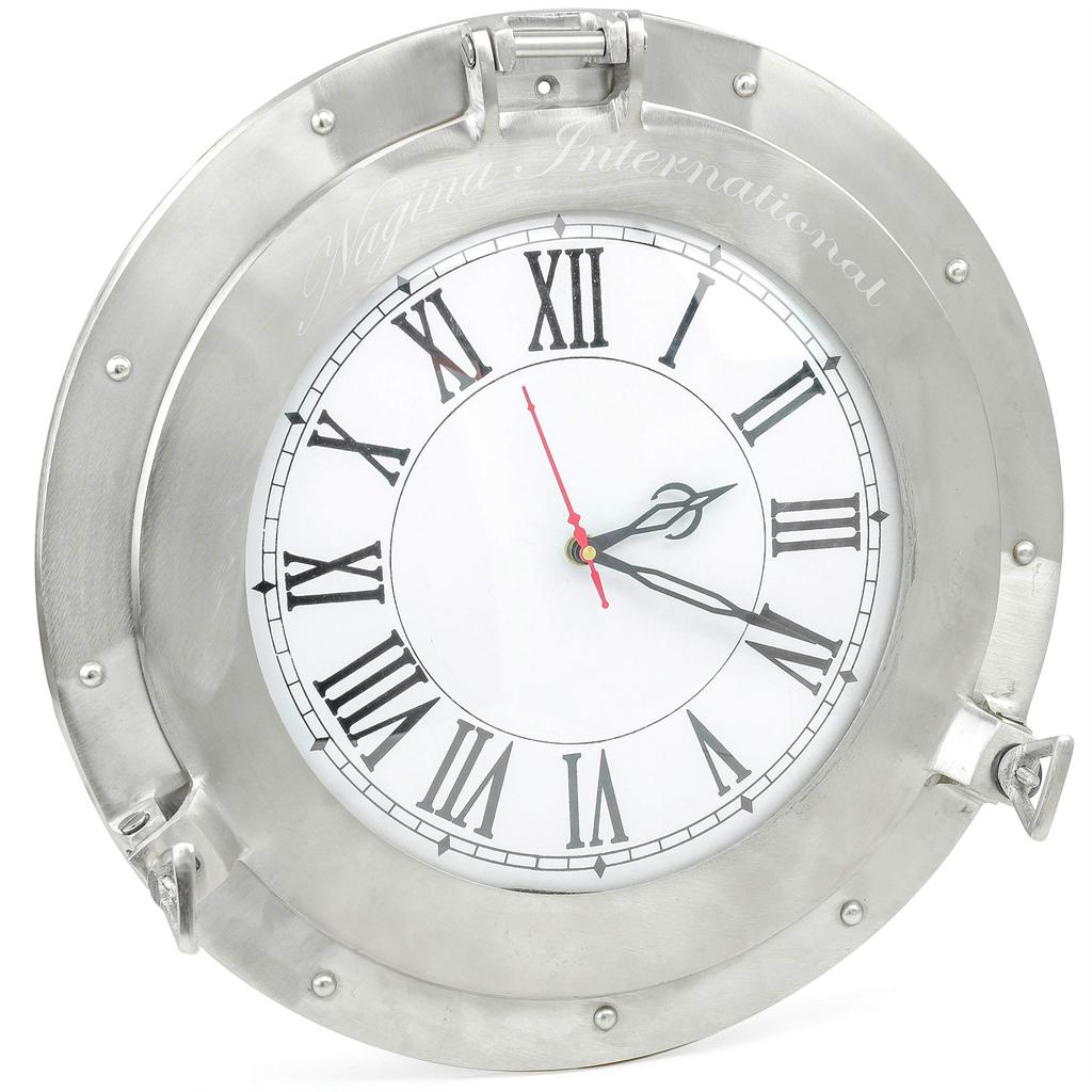 Nagina International Brushed Nickel Aluminum Metal Roman Porthole Clock | Nautical Navy Decor Gifts (12 Inches) TA8-S4Q-MHW