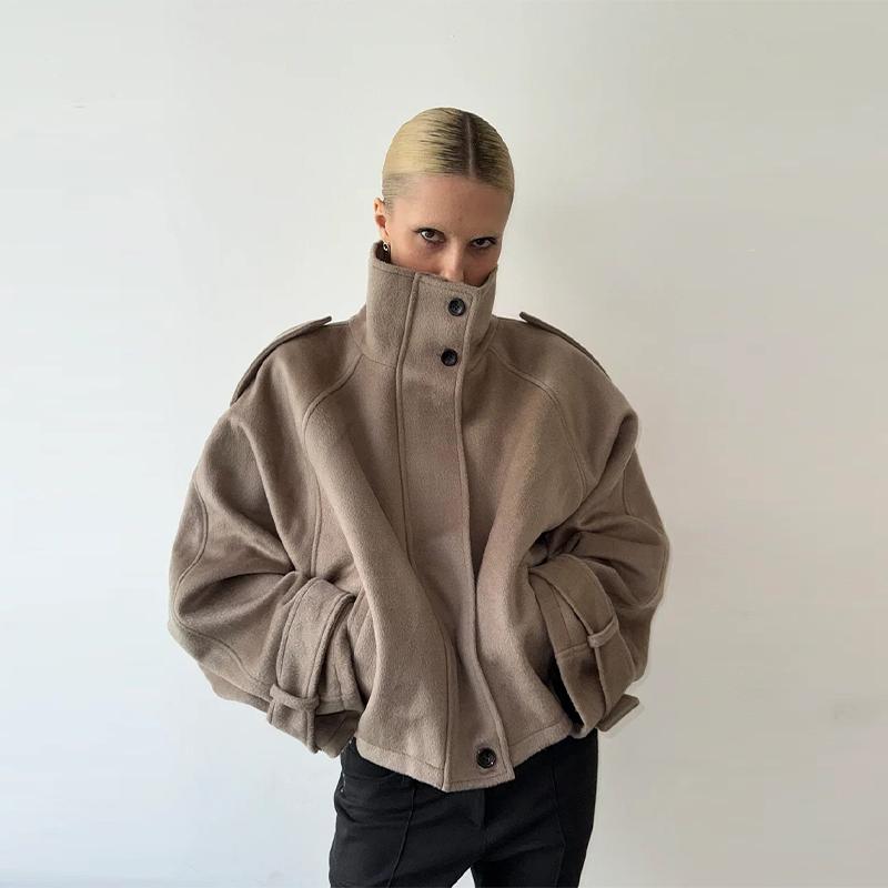 

Куртка теплая с воротником-стойкой женская с длинным рукавом на молнии и пуговицах короткое пальто для города однотонное осеннее пальто ретро уличная одежда XS хаки