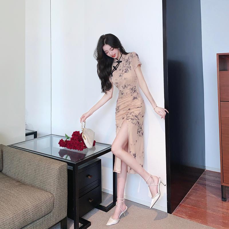 Net Red Retro Sexy Elegant Mesh Flower Color Modified Cheongsam Dress Temperament Slim Thin Package Hip Mid-length Dresses