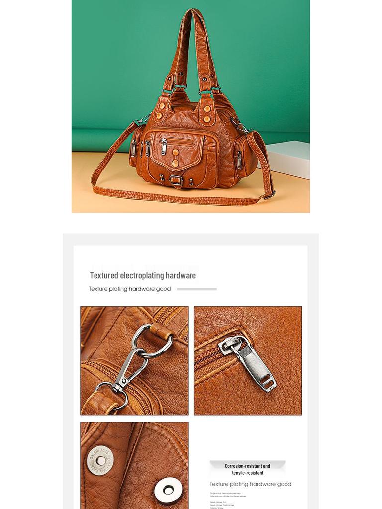 Women's Color Block Rivet Washed Leather Crossbody Handbag, Soft Leather, Large Capacity, Multi-Layer, Single Shoulder