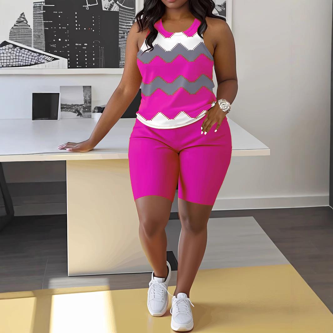 

2025 Новый модный костюм без рукавов с принтом, тонкие шорты, летняя повседневная женская одежда XXXXL