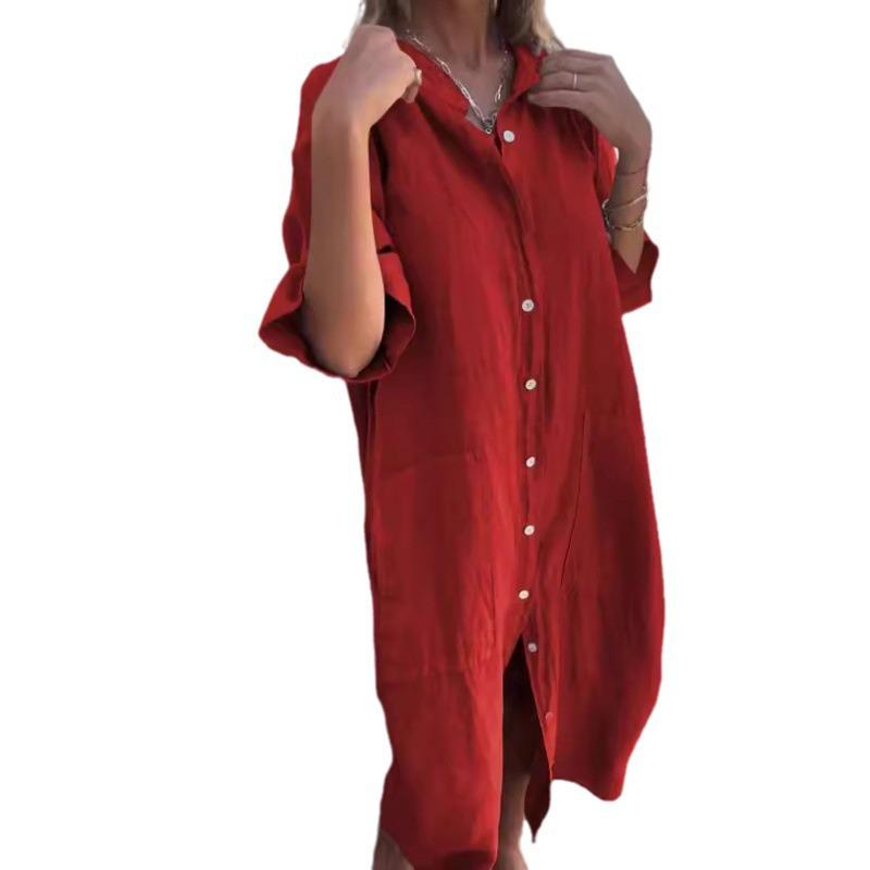 2026 Spring & Summer European-American Style Loose Cotton Linen Mid-Sleeve Shirt Dress for Women