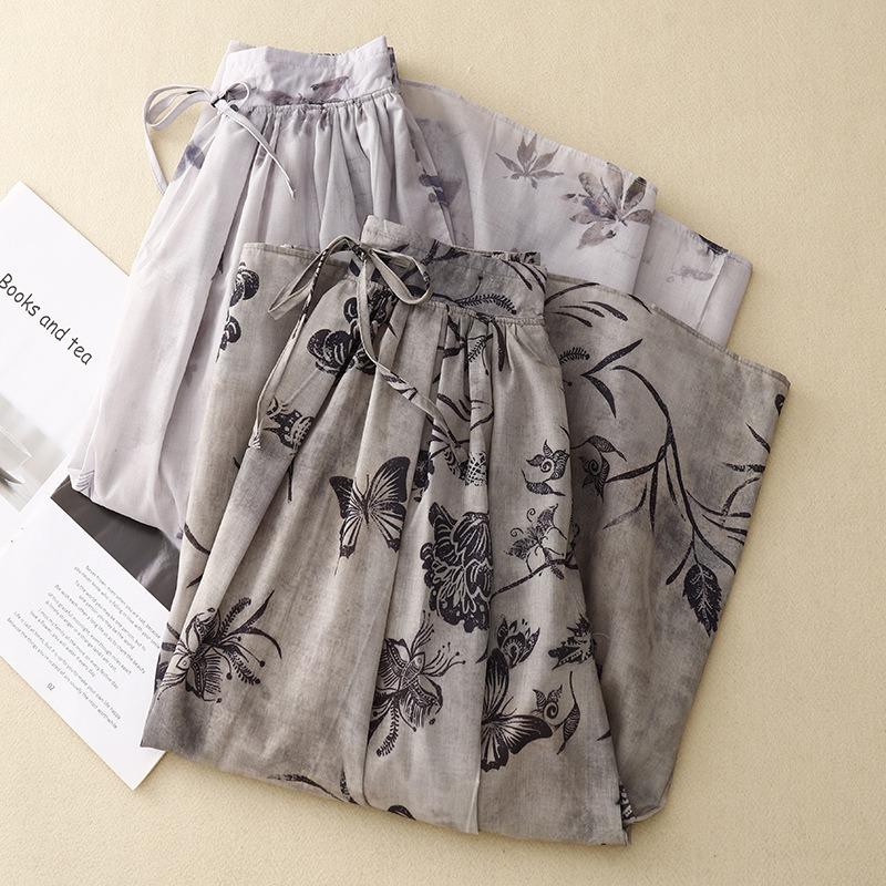 Real shot summer new literary and retro loose printing elastic waist skirt women's medium and long